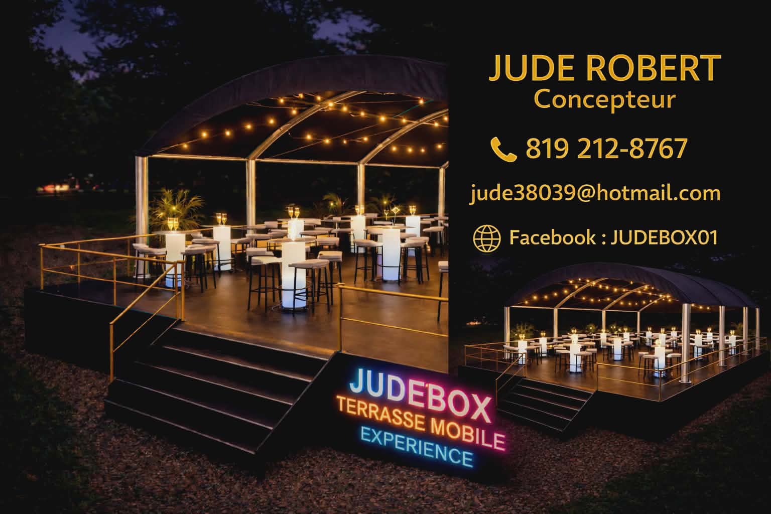 An outdoor event space featuring a beautifully lit terrace with tables and chairs, set against a nighttime backdrop. The setup includes decorative string lights and greenery, creating a cozy atmosphere.